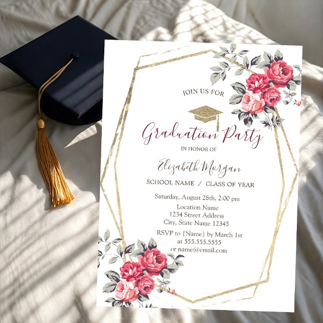Red Roses,Grad Cap,Graduation  Invitation (Creator Uploaded)