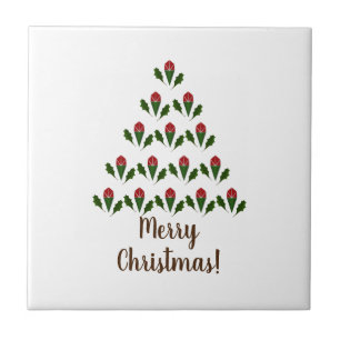 Red Roses & Green Holly Christmas Tree Christmas Ceramic Tile