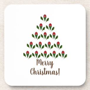 Red Roses & Green Holly Christmas Tree Christmas Coaster
