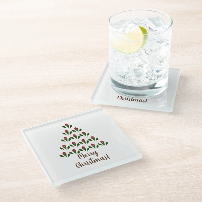 Red Roses & Green Holly Christmas Tree Christmas Glass Coaster (Angled)