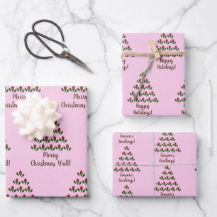 Red Roses Green Holly Christmas Tree Wishes, Pink Wrapping Paper Sheet