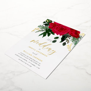 Red Roses & Green Leaf Wedding Gold Foil
