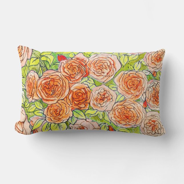 Red Roses, Green Leaves Rose Garden Floral Sketch  Lumbar Cushion (Front)