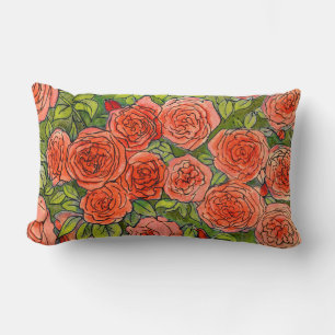 Red  Roses, Green Leaves Rose Garden Summer Flower Lumbar Cushion