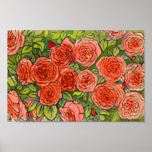 Red  Roses, Green Leaves Rose Garden Summer Flower Poster
