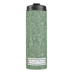 Red Roses Green Whimsical Pattern Thermal Tumbler