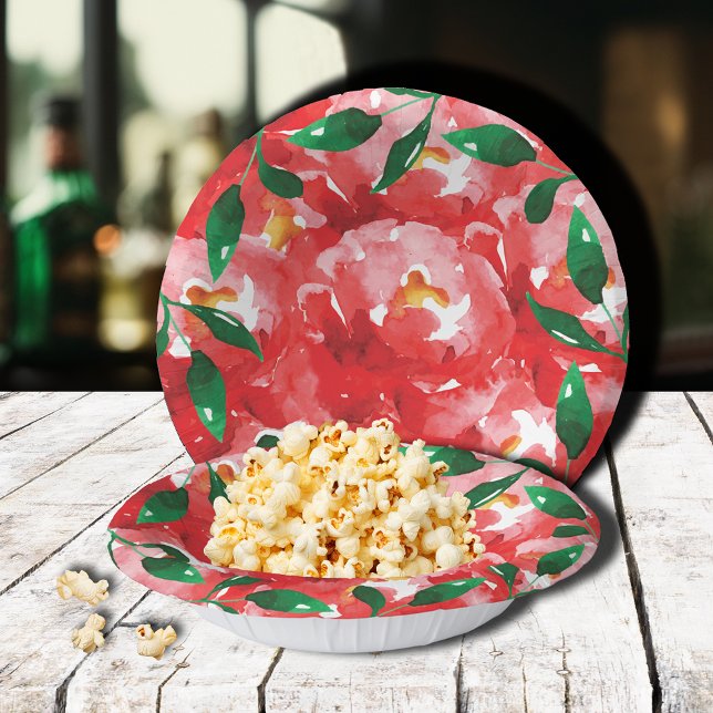 Red Roses Greenery Floral Paper Bowls Paper Plate (Red roses and greenery floral black rimmed paper bowls)