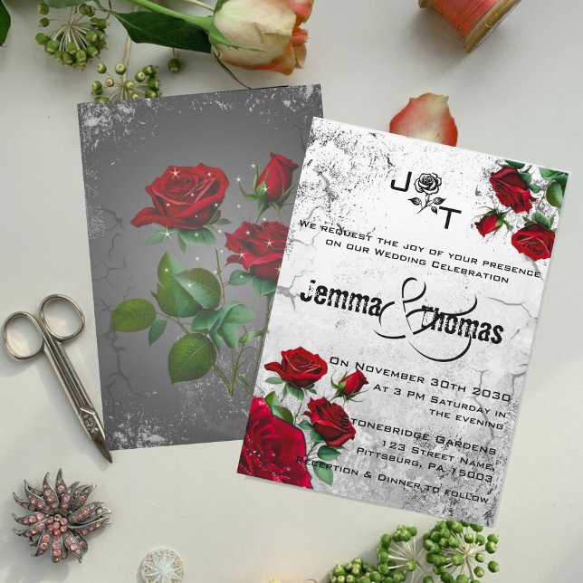 Red Roses & Grunge Textured Wedding Invitation (Creator Uploaded)