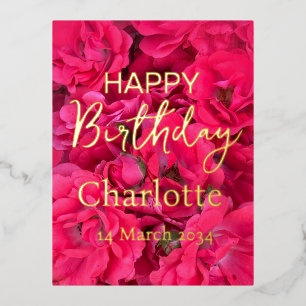 Red Roses Happy  Birthday Real Gold Foil  Holiday Postcard