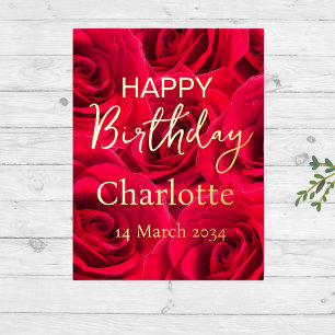 Red Roses Happy  Birthday Real Gold Foil  Holiday Postcard