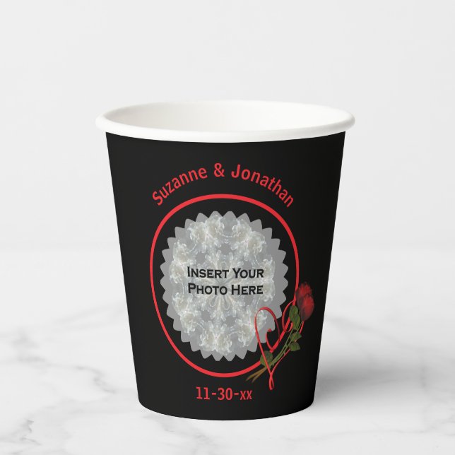 Red Roses Heart Black Personalised Wedding Photo Paper Cups (Front)