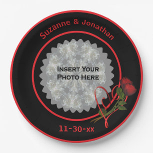 Red Roses Heart Black Personalised Wedding Photo  Paper Plate