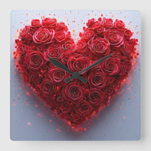 Red roses heart square wall clock