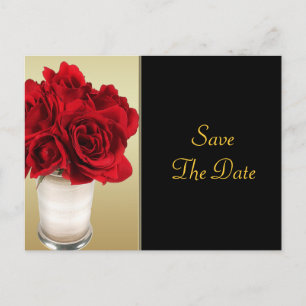 Red Roses & Hearts, Gold & Black Wedding Announcement Postcard
