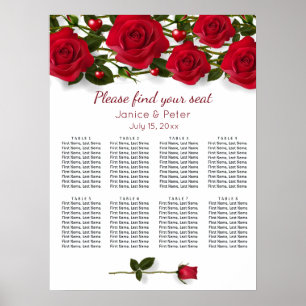 Red roses, hearts Wedding 8 Tables Seating Chart
