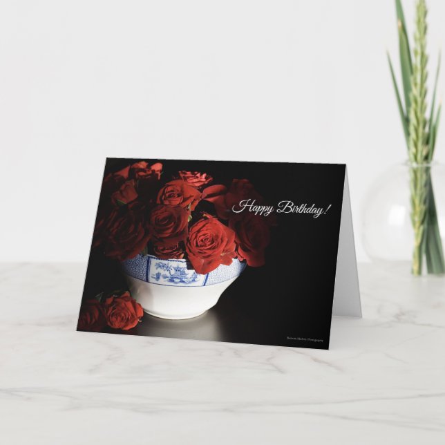 Red Roses in Blue & White Bowl Birthday Card (Front)