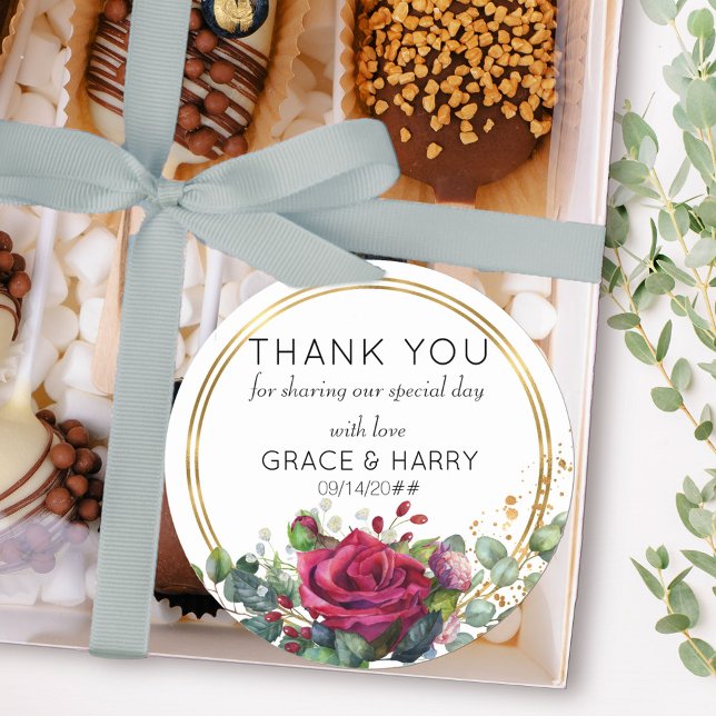Red Roses in Gold Rings Wedding Favour Thank You Classic Round Sticker (Thank you stickers from my Red Rose and Eucalyptus collection)