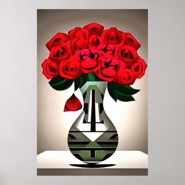 Red Roses In Vase Art Deco Abstract Art Poster (Front)
