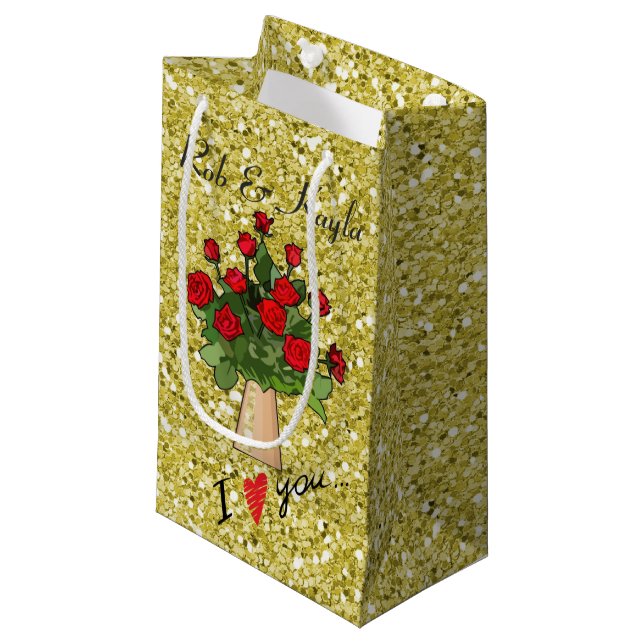 Red Roses in Vase Gold Faux Glitter Small Gift Bag (Front Angled)