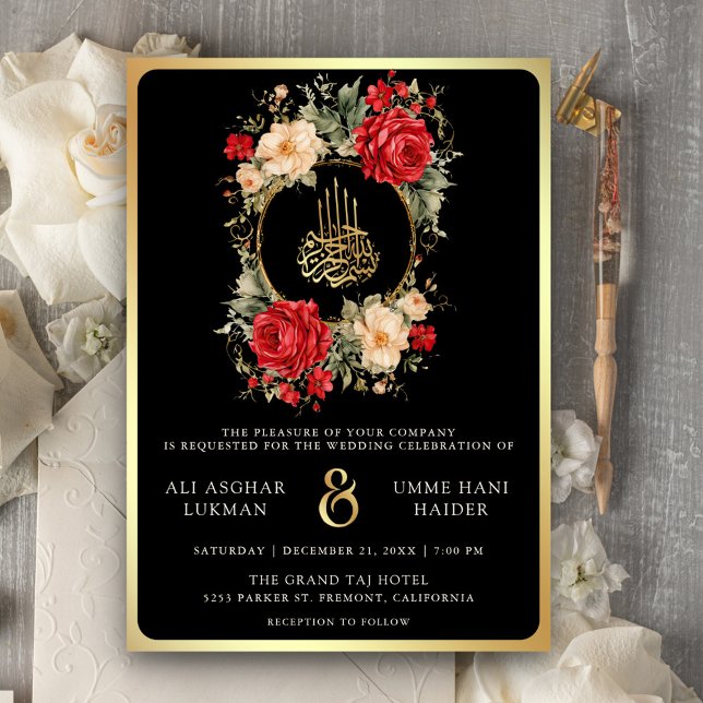 Red Roses Ivory Flowers Black Gold Muslim Wedding Invitation (Creator Uploaded)