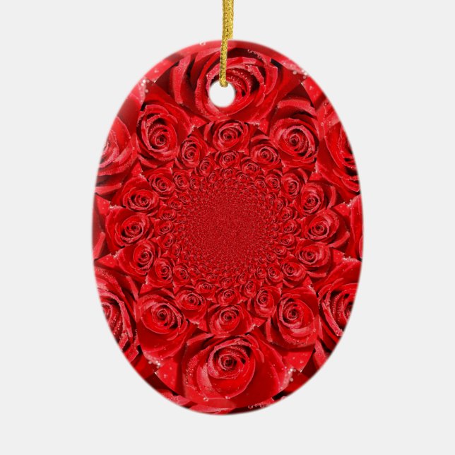 Red Roses Kaleidoscope: Happy Valentine's Day Art  Ceramic Tree Decoration (Front)