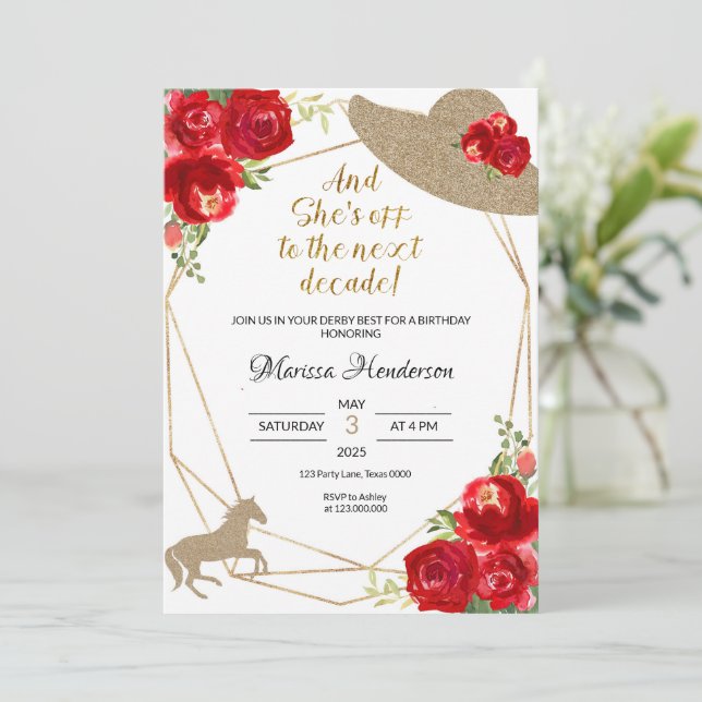 Red Roses Kentucky Derby Birthday Invitation (Standing Front)