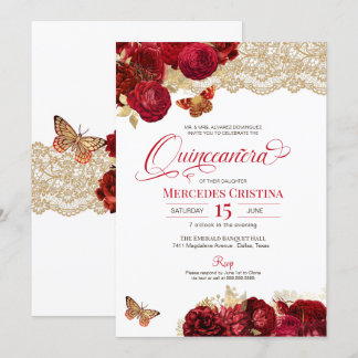Red Roses & Lace Glamourous Butterfly Quinceañera Invitation