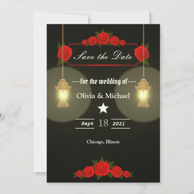 Red roses-lamps save the date (Front)