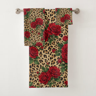 Red Roses Leopard print Pattern Bath Towel Set