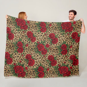 Red Roses Leopard print Pattern Fleece Blanket