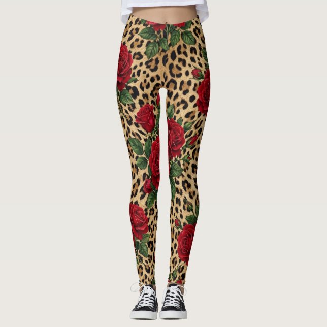 Red Roses Leopard print Pattern  Leggings (Front)