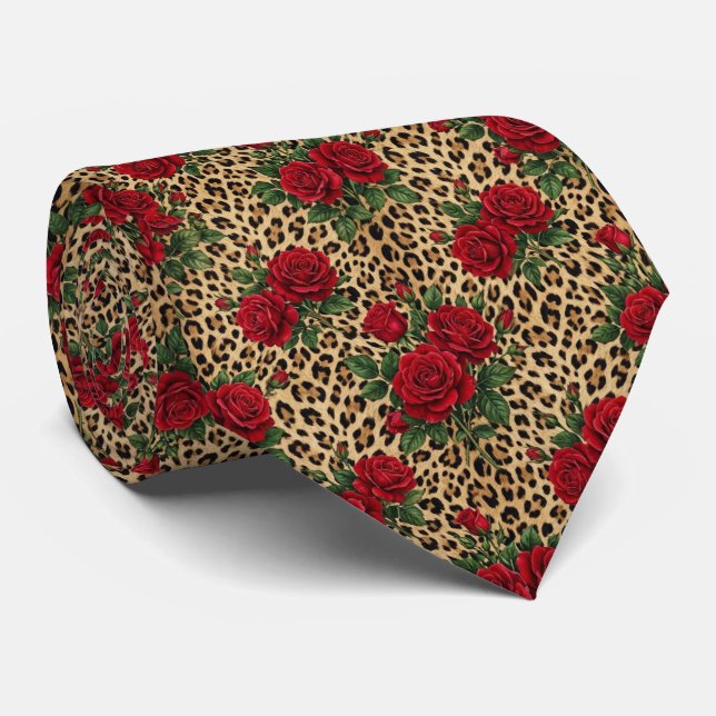 Red Roses Leopard print Pattern  Tie (Rolled)