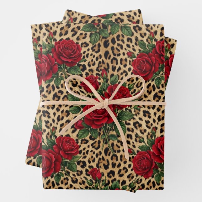 Red Roses Leopard print Pattern  Wrapping Paper Sheet (In situ)