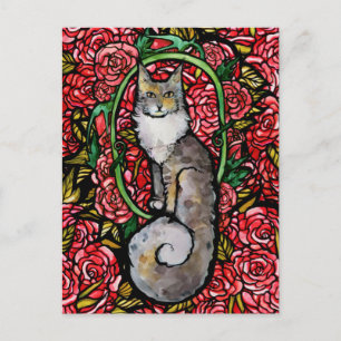 Red Roses Maine Coon Kitty Cat Art Rose Garden Cat Postcard