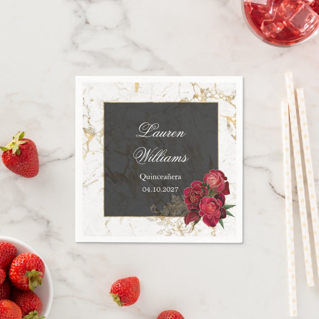 Red Roses Marble Quinceanera Party  Napkin (Insitu)