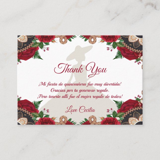 Red Roses Mariachi Quinceañera Thank You Cards (Front)