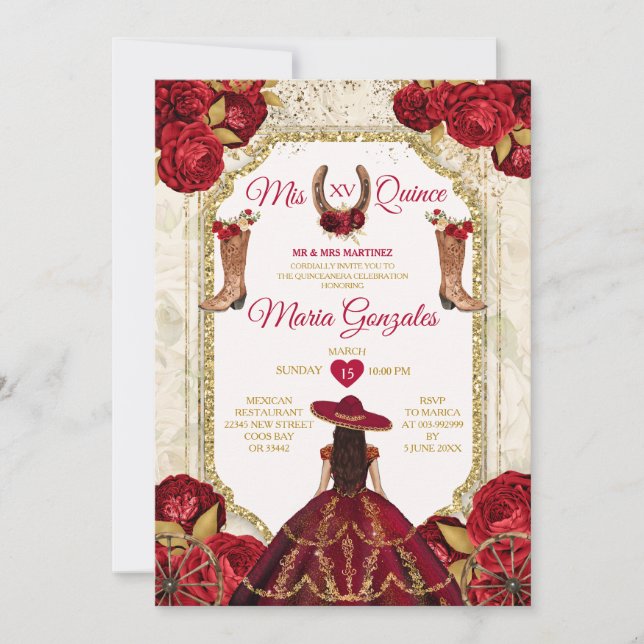Red Roses Mis Quince 15 Anos Gold Crown Glitter Invitation (Front)
