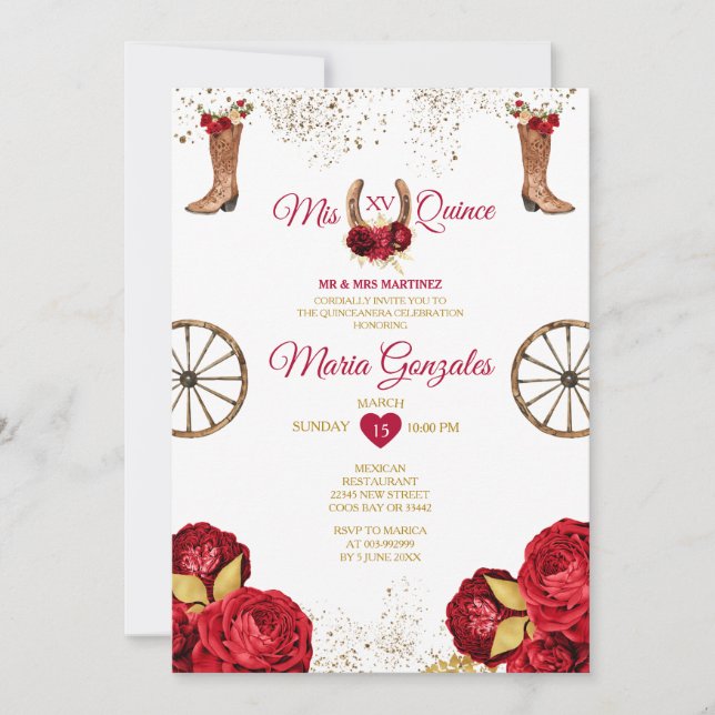 Red Roses Mis Quince 15 Anos Gold Crown Glitter Invitation (Front)