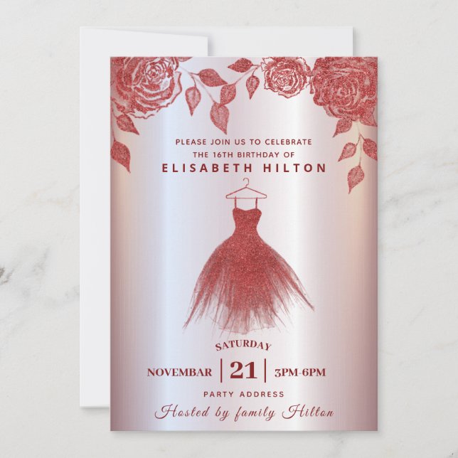 Red roses modern Glitter dress sweet sixteen Invit Invitation (Front)