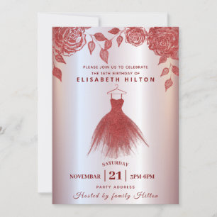 Red roses modern Glitter dress sweet sixteen Invit Invitation