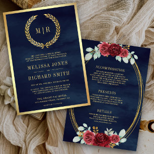 Red Roses Monogram All in One Navy Blue Wedding Invitation