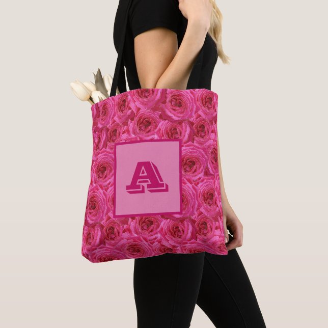 Red roses, monogram, personalised tote bag (Close Up)