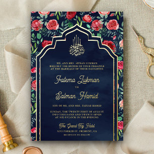 Red Roses Navy Blue Floral Muslim Wedding Gold