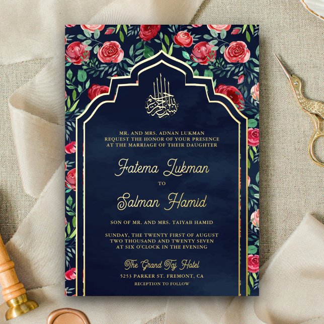 Red Roses Navy Blue Floral Muslim Wedding Gold (Creator Uploaded)