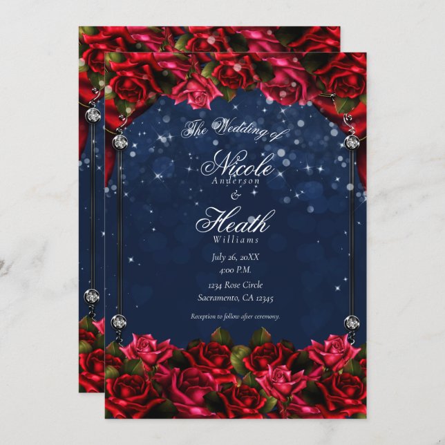 Red Roses Navy Blue Gold Enchanted Floral Wedding  Invitation (Front/Back)