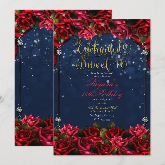Red Roses Navy Blue Gold Enchanted Sweet 16 16th Invitation (Front/Back)