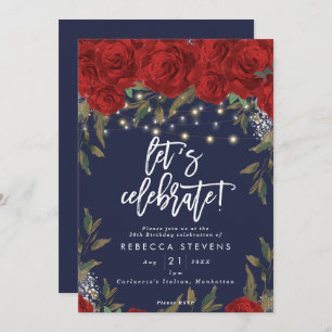 red roses navy let's celebrate birthday invitation