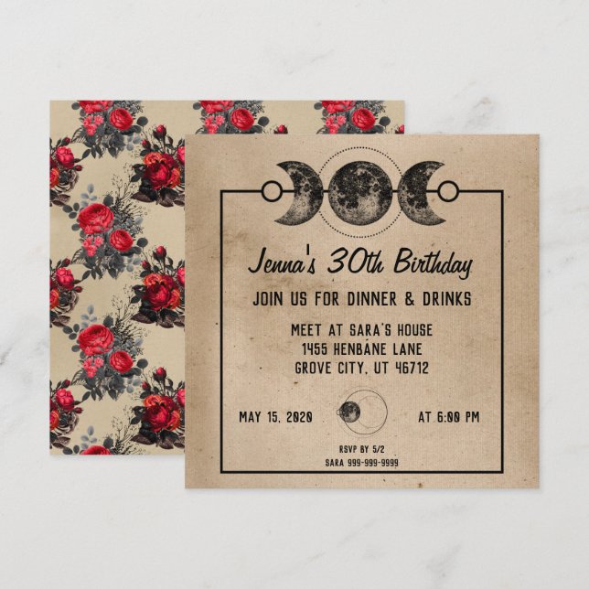 Red Roses New Age Cool Gothic Birthday Invites (Front/Back)