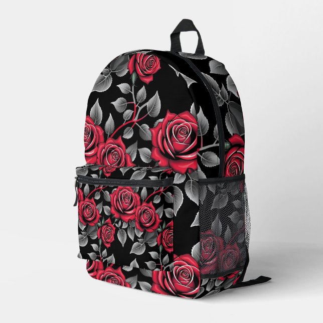Red Roses On A Black Background Printed Backpack (Back Corner Right)