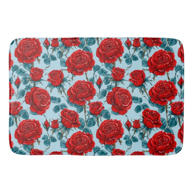 Red roses on a blue background bath mat (Front)